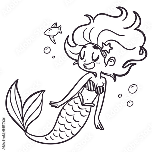 Cartoon mermaid swimming and smiling with fish in underwater scene  