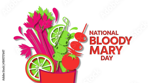 Celebrate National Bloody Mary Day with this vibrant illustration, perfect for social media posts, restaurant promotions, and cocktail enthusiasts looking for fresh inspiration