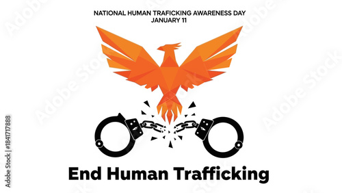 Help raise awareness with this powerful design representing freedom from human trafficking, featuring a phoenix rising above broken handcuffs, symbolizing hope and liberation