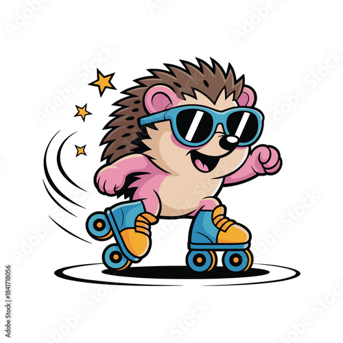 Cute cartoon hedgehog wearing sunglasses rollerblading with stars
