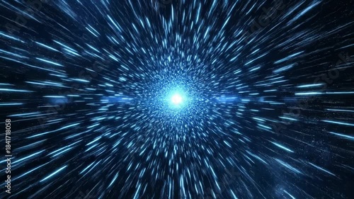 Abstract blue light tunnel effect representing hyperspace travel or warp speed motion through star field