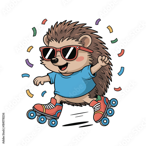 Cute cartoon hedgehog wearing sunglasses and roller skates with confetti