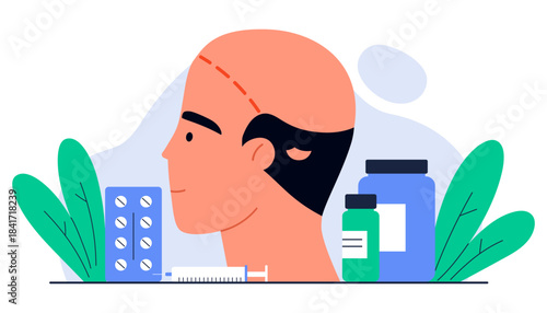 Hair transplant and alopecia treatment concept. Man scalp with baldness and medical equipment. Hair loss problem, medical therapy and cosmetic surgery. Dermatology, trichology. Isolated illustration