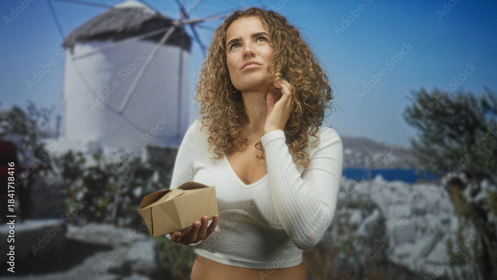 Naklejka premium Woman holds takeaway box and touches chin in front of a white windmill building, curly hair framing face; contemplation travel.