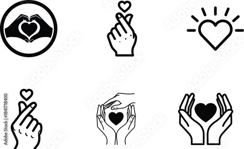 A beautiful collection of hand heart gestures and love symbols vector line icons perfect for romance and affection concepts