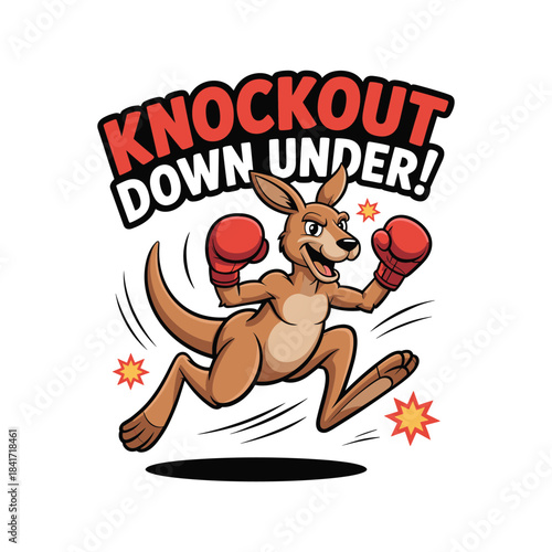 Cartoon kangaroo boxer with knockout down under text
