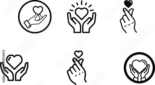 A beautiful collection of minimalist line art icons depicting various hand gestures expressing love care generosity and heartfelt support