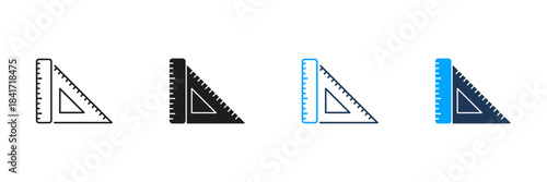 Ruler And Set Square Line And Solid Icon Set. Precision Measurement And Geometry Tool Symbol Collection. Educational And Technical Drawing Equipment. Isolated Vector Illustration