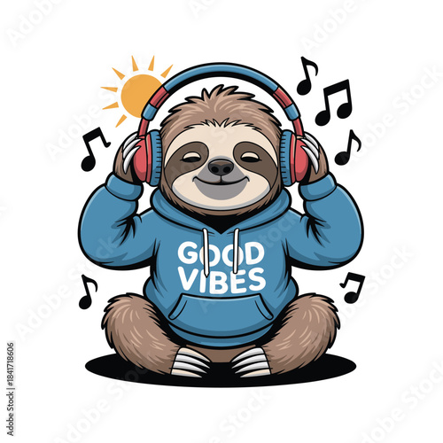 Cute sloth wearing headphones and hoodie enjoying music
