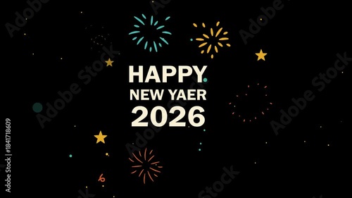 Happy New Year 2026 Fireworks Celebration. Festive flat design greeting card  animation.