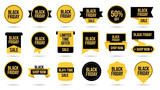 A comprehensive set of Black Friday sale badges and labels in black and yellow, featuring various shapes and promotional texts for discounts and offers.