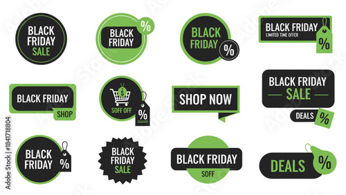 A collection of black and green Black Friday sale badges and labels with various shapes and discount symbols.