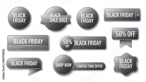 A collection of grey Black Friday sale buttons, labels, and badges with various discount and call-to-action texts.