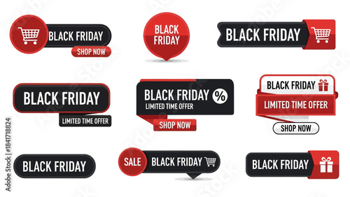 A collection of various Black Friday sale banners and labels in red and black, featuring shopping carts, gift boxes, and percentage icons for promotional offers.