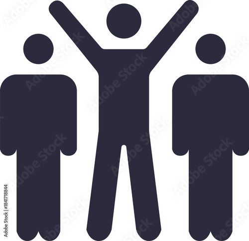 Person celebrating success with arms raised among group
