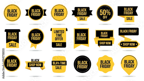 A comprehensive set of Black Friday sale badges and labels in black and yellow, featuring various shapes and promotional texts for discounts and offers.
