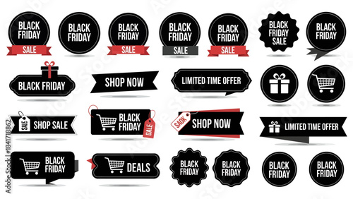 A collection of various Black Friday sale labels, badges, and banners in black and red, featuring shopping carts and gift box icons.