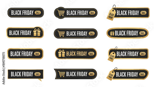 A collection of black and gold Black Friday sale buttons and banners with shopping cart and gift icons.