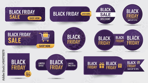 A collection of purple and gold Black Friday sale banners, labels, and tags with shopping cart and gift box icons.