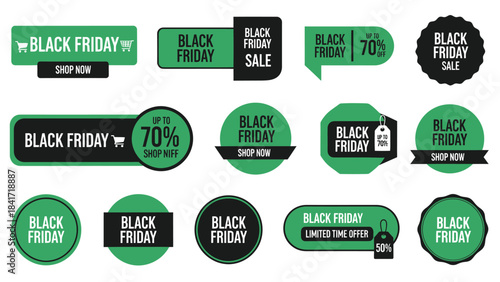 A collection of green and black Black Friday sale banners, labels, and stickers with various shapes and promotional texts like "SHOP NOW" and "UP TO 70%".