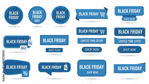 A collection of various black and grey Black Friday sale buttons, labels, and badges with discount offers and promotional text.