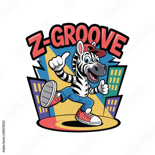Cool zebra character dancing and thumbs up in city nightlife