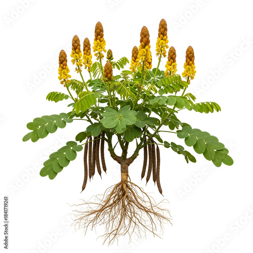 Senna alata plant roots with yellow candle flowers and pods
