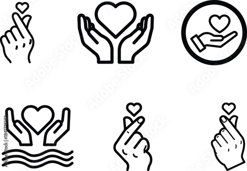 A collection of diverse black outline heart and hand icons symbolizing love care and generous giving perfect for web design and social media graphics