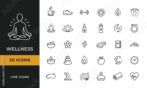 Thin line art icons of wellness, health, and self-care activities