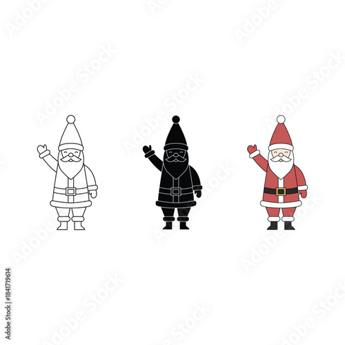 Simple Santa Claus Icon Set Vector: Outline, Silhouette, and Color Styles