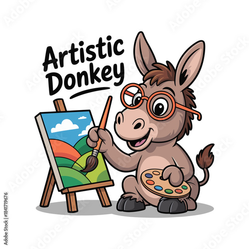 Cute cartoon donkey artist wearing glasses painting a landscape on an easel
