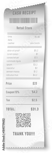 Retail store paper cash receipt displaying shopping finances