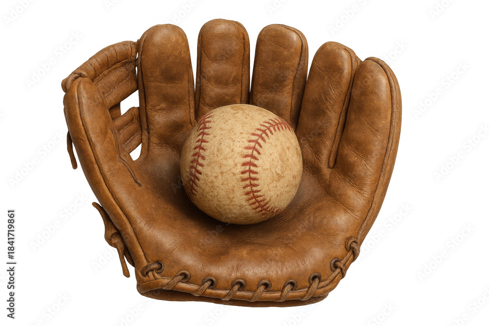 Fototapeta premium Vintage baseball glove in brown leather with a traditional ball, ready for play, representing sports heritage