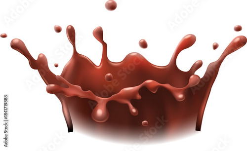 Chocolate liquid splash generating dynamic droplets on white