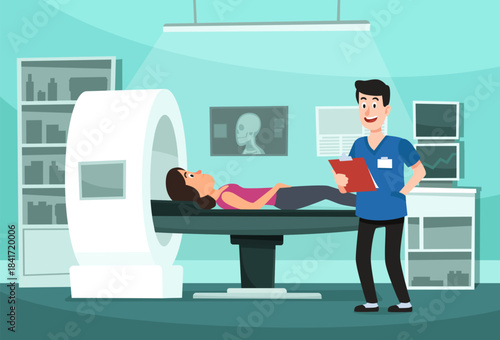 Patient undergoing medical scanning with doctor reviewing results