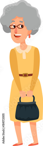 Smiling senior woman character holding handbag