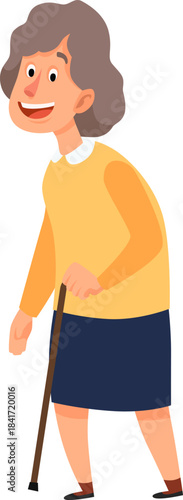 Elderly woman walking with cane smiling happily