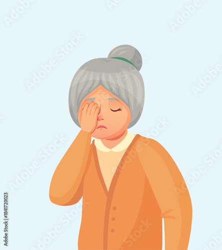 Elderly woman experiencing headache covering her eye
