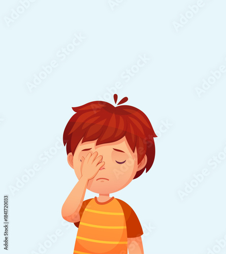 Little boy feeling tired rubbing his eyes