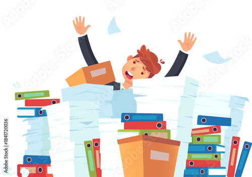 Employee drowning in paperwork feeling overwhelmed by work