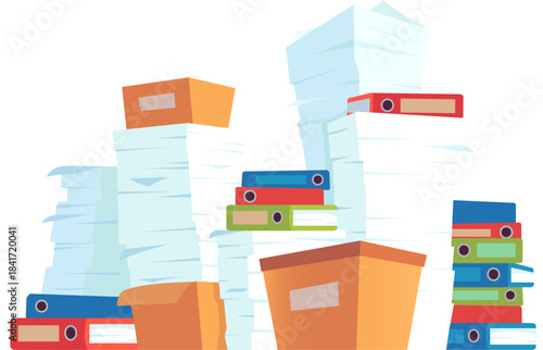 Stacks of paperwork representing office bureaucracy and overload