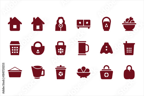 Collection of red icons on white background for household and daily items