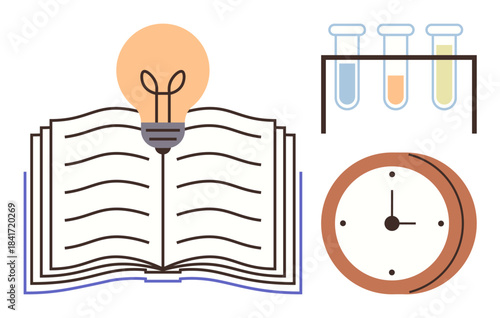 Open book under lightbulb, three test tubes, and round clock. Ideal for education, innovation, time management, research, science learning and creativity concepts. Simple flat metaphor