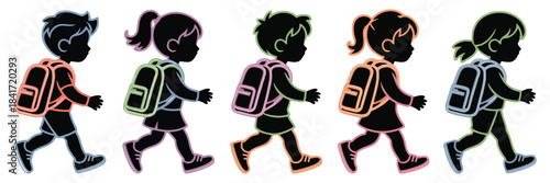 Back to school concept with a diverse group of five children silhouettes walking with backpacks. colorful outlines for elementary students