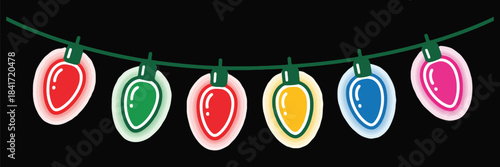 Colorful string lights glowing brightly, perfect for christmas, holiday celebrations, parties, or festive seasonal decorations on black background