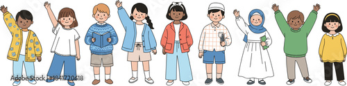 Diverse Group of Happy Children Standing Together with Raised Hands - Multinational Kids Team Vector Illustration