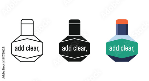 Add clear ink bottle icon set outline flat vector style illustrating transparent liquid container