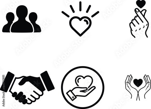 A diverse collection of black and white outline icons representing community support loving relationships business partnerships and caring gestures of kindness