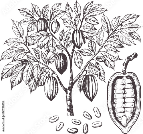 Detailed black and white botanical of a cacao tree with pods and seeds