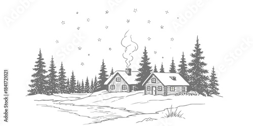 Cozy cabin in the snowy woods under starry night sky